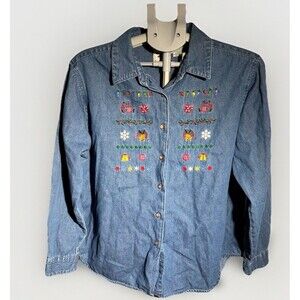 Nutcracker Christmas Button Up Denim Shirt Sz XL Embroidered Festive Holiday VTG